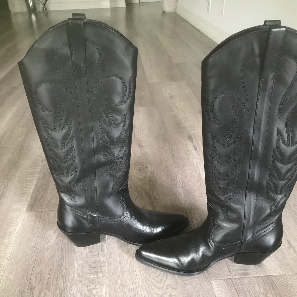 Zara Black Leather Cowboy Boots